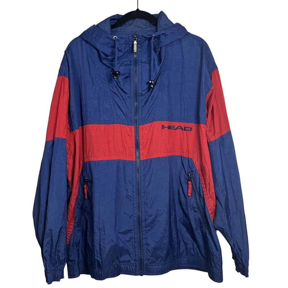 VTG Head Blue‎ Red Colorblock Men Nylon Windbreaker Jacket Hooded Logo 90's